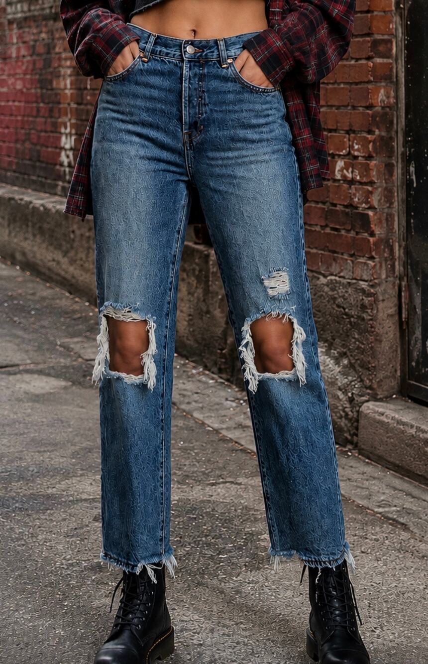 PacSun High Rise Straight Leg Distressed Jeans Blue 100% Cotton Raw Hem Size 27